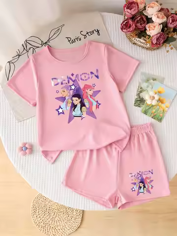 Kids Girls 2-Piece DEMON Idol Girl Print Short Sleeve Tee & Shorts Set Casual Summer Outfit