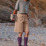 卡其色 工裝高腰休閒短褲 中性五分褲