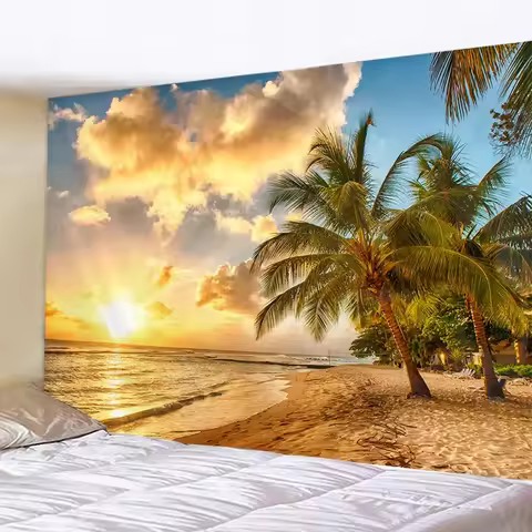 Seaside Coconut Tree Landscape Tapestry Nature Sea Art Ocean Beach 3D Print Wall Hanging Home Living