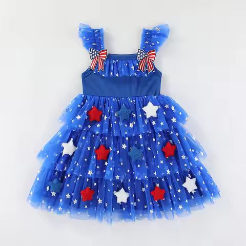 Children Tiered Ruffle Mesh Dresses Girls 4th of July Sleeveless Tutu Dress Star Decor 0-6Y Kids Ind