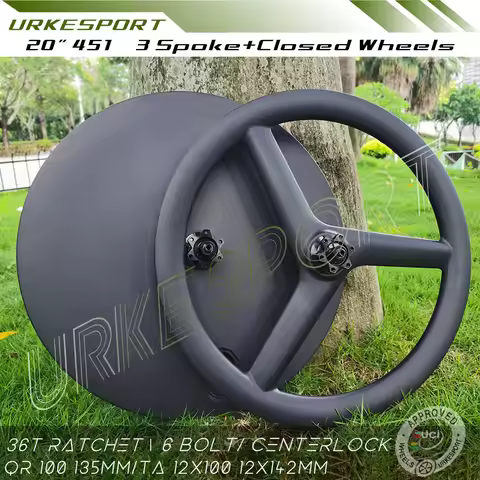 Urkesport 20 inch 451 Carbon Wheels Disc Brake 3 Spoke+Closed Ratchet 36T 26mm Clincher Tubeless QR 