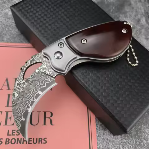New Small Pocket Damascus Blade Folding Karambit Knife Wooden Handle Portable Outdoor Camping Tactic
