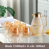 Glass Bottle Set with 6 High Heat Resistant Cups, 2000ML Glass Bottle for Water with 6 300ML Cups