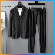 DRO_ 1 Set Autumn Men Blazer Pants Stripe Pleats Jacket Drawstring Pants Casual Suit for Wedding