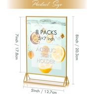 HOODO 8 Pack 5x7 Acrylic Table Number Holders with Golden Border, Double-Sided Clear Acrylic Sign Ho