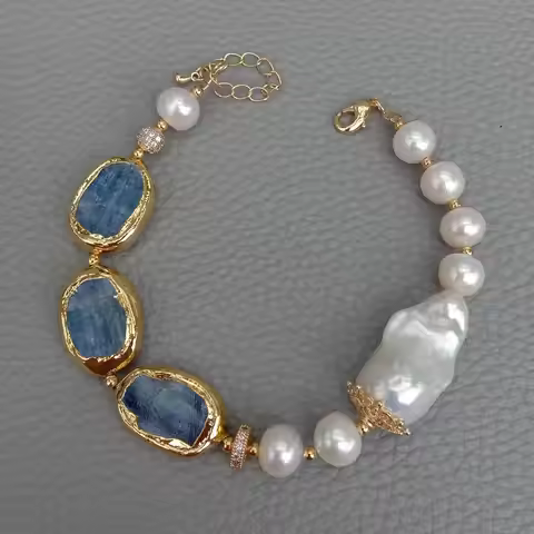YYGEM Natural 17x23mm Blue Kyanite rectangle Freshwater Cultured White Keshi Pearl Bracelet