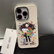 Chaopai Cartoon Curly Hair Girl Pattern Phone Case Compatible for IPhone 15 14 13 12 11 Pro Max Xr X Xs Max 7 8 SE 2020 Metal Lens Protector Shockproof Soft Silicone Back Cover