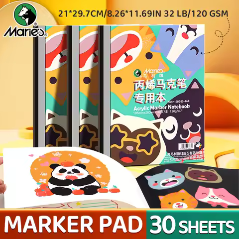 Marie's Acrylic Marker Pad,30 Sheets White and Black 32 lb/120 gsm Drawing Papers,Bleedproof Sketchb