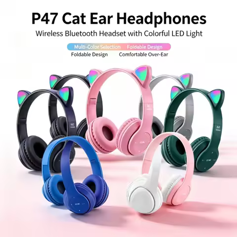 P47M Cat Ear Wireless Headband Bluetooth Headphones Cute Cartoon Light-Up Earphones Universal for Ph
