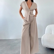 Women's Casual Elegant Linen Wide-Leg Pants Two Pieces Suit / Fall Women Clothes / Back To School / 