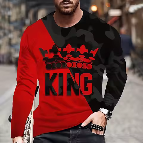 Vintage King King 3D Printed Summer Men's Round Neck T-Shirt Casual Long Sleeve Oversized T Shirt Fa
