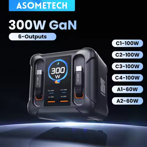 ASOMETECH 300W GaN USB Charger LED Display Retractable Type C Cable 100W 65W PD3.0 PPS Fast Charger 