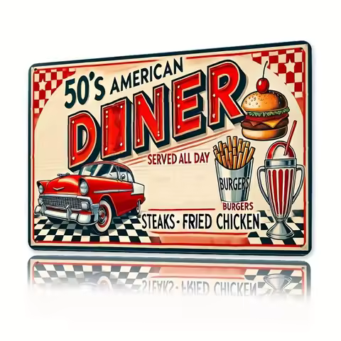 2DPlane8x12inch vintage1950Vintage Restaurant Metal Wall Decor - Classic Car and Burger Pattern Amer