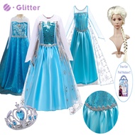 Disney Frozen Elsa Baby Dress For Kids Girl Mesh Sequined Princess Dresses Cloak Wig Crown Nail Stickers Kid Clothes Birthday Gift Children Party Wear