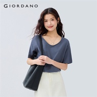 GIORDANO Women T-Shirt Slub Cotton Solid Color Simple Basic Tee U-Neck Short Sleeve Summer Fashion C