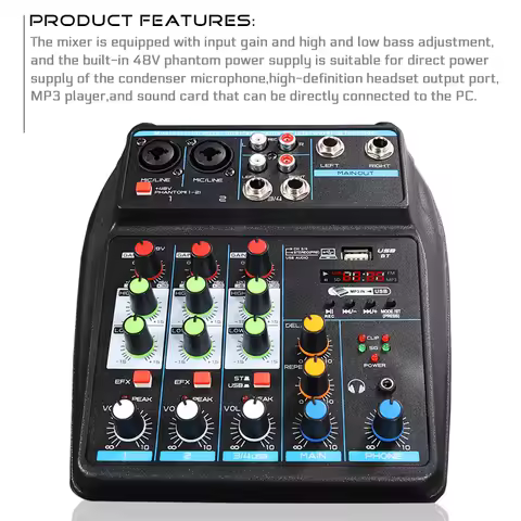 Professional 4-Channel Mixer With 48V Phantom Power, USB Studio Karaoke Bluetooth DJ Console Mixer