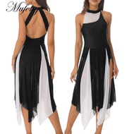 Women Lyrical Dance Costume Asymmetrical Mesh Tulle Skirt Flowy Sleeveless Modern Dance Dress Ice Sk