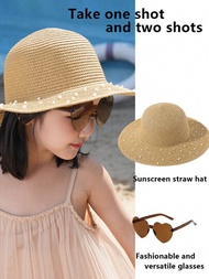2入組兒童新款寬沿珍珠海灘草帽和配色太陽眼鏡，時尚百搭，適用於戶外活動