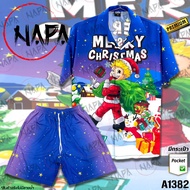 เสื้อฮาวาย ซานต้าแลบลิ้นถุงเขียวพื้นน้ำเงิน A1382 ผ้าไหมอิตาลีแท้