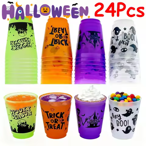 4-24Pcs Halloween Drinking Cups 450ml Plastic Trick or Treat Ghost Skull Juice Cup Candy Box Hallowe