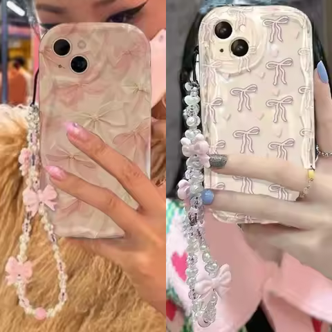 Pink Bow With Bracelet Chain Case For Redmi Note 14 4G Pro 5G Plus 15 15C 14C 13C 4G 12C 12 13 A3 10