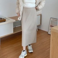 ATTENTION-直坑紋針織裙 淺灰米(正常) 直筒長裙