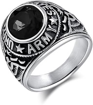 Mens Stainless Steel Hawk Eagle Army Ring with Oval CZ Stone United States US Army Titanium USA Mili