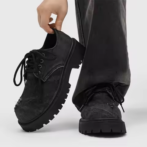Men's Distressed Denim Derby Shoes Chunky Grunge Platform Boots Avant-Garde Bulky Toe Niche Streetwe