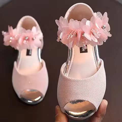 Girls Rhinestone Flower Shoes Low Heel Flower Wedding Party Dress Pump Shoes Princess Shoes For Kids
