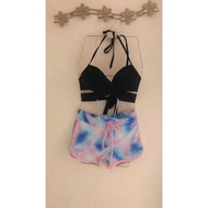 Swimsuit Set Bikini Women's Swimwear boxer and criss cross bra black and pink and blue cloud