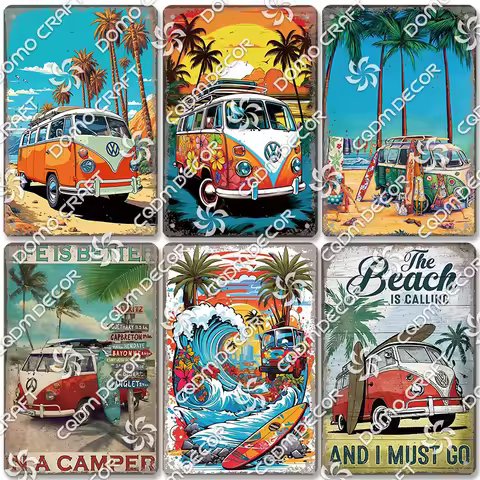 Beach Bus Poster Metal Plate Summer Travel Coconut Tree Surfboard Metal Tin Signs Retro Wall Decor S