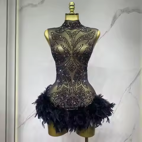 Black Rhinestones Mesh Jazz Dance Bodysuit Women Celebrate Pole Dance Outfit Halloween Nightclub Bar