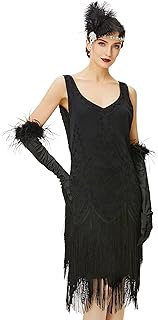 1920s Flapper Dress Roaring 20s Great Gatsby Costume Dress Fringed Embellished Dress (Black, S)