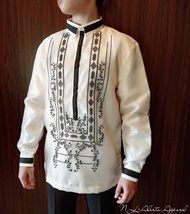【Ready Stock】 MEN'S BARONG WITH COLLAR BLACK EMBROIDERED BARONG TAGALOG FOR MEN