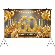 Happy 60th Birthday Party Banner Backdrop Black Gold 60th Birthday Backdrop for Photography Gold Dia