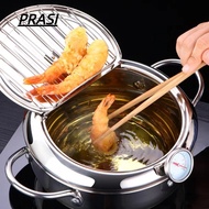 PRASI Tempura Fryer Pan, Stainless Steel Japanese Deep Fryer Pot, Thickened Thermometer with Lid Oil