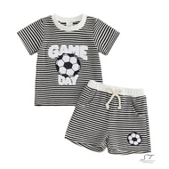 CY03-2Pcs Toddler Boy Summer Stripe Outfits Short Sleeve Crew Neck Rugby/Soccer Ball Embroidery Tops