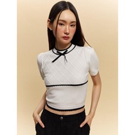 Pomelo Womens Contrast Trim Argyle Pattern Knitted Crop Top with Bow Detail - White