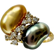 二手南海白珍珠和黑珍珠戒指（無核，極光交響曲），鑲嵌 0.14 克拉鑽石，7.5 號，18K 金，4.0 克。