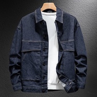 Jaket Denim Basuh Biru Tua untuk Lelaki, Longgar Musim Bunga dan Musim Gugur, Jaket Pakaian Kerja Be