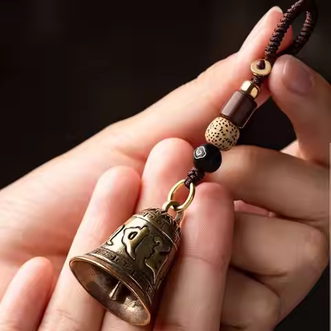 Vintage Brass Tibetan Buddhism Six-word Mantra Bell Keychains Lanyard Pendants Handmade Rope Car Key