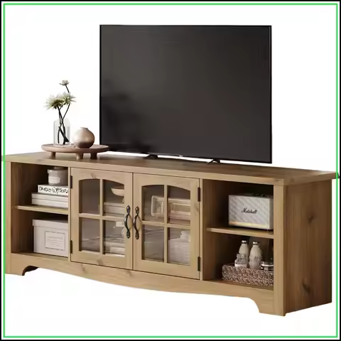TV Stand for 75 Inch, Farmhouse Entertainment Center with Storage & Glass Doors, Tall Media Console 