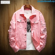 Ready Stock jaket jeans lelaki bomber jacket men Ins Spring and Autumn Couple Pink Denim Jacket Men'
