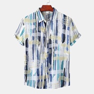 Vintage Splicing Pattern Hawaiian Shirt for Men Colorful Square 3D Printed Short Sleeve Blouse Casua