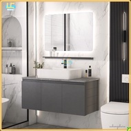 home small apartment space aluminum bathroom cabinet rock countertop ceramic wash basin high definition smart mirror set with light