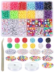 1 caja de 24 compartimentos (color aleatorio) Alfabeto de cuentas chapadas, conjunto de cuentas mixtas con cordón elástico y pinzas, pulsera de bricolaje, collar, suministros para hacer joyas