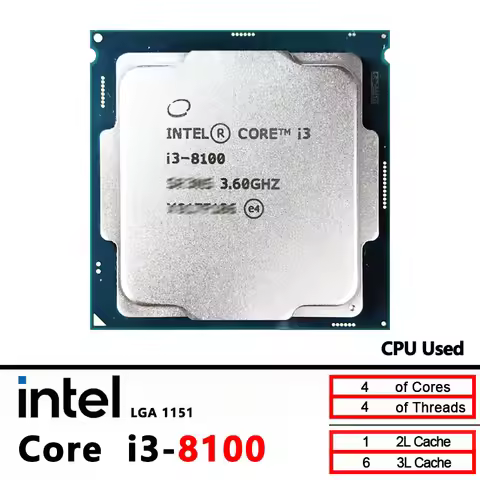 Intel Core i3-8100 i3 8100 3.6 GHz Quad-Core Quad-Thread CPU 6M 85W LGA 1151