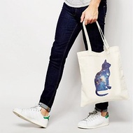 Cosmic Cat 帆布 文藝 環保 肩背 手提包 購物 袋 米白色 貓 宇宙 設計 銀河系 時髦 圓 三角形 文青