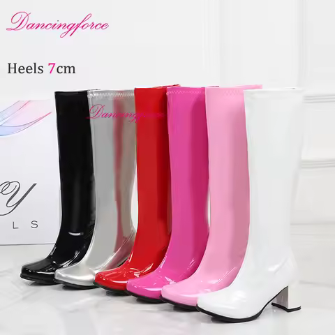 Red White Pink Patent Knee High Boots 60s 70s Go-Go Boots Women Block Heels Go-Go Party Dress Lady S
