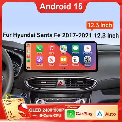 Android 15 Wireless Carplay Auto 12.3 Inch Touch screen Multimedia Radio Receiver For Hyundai Santa 